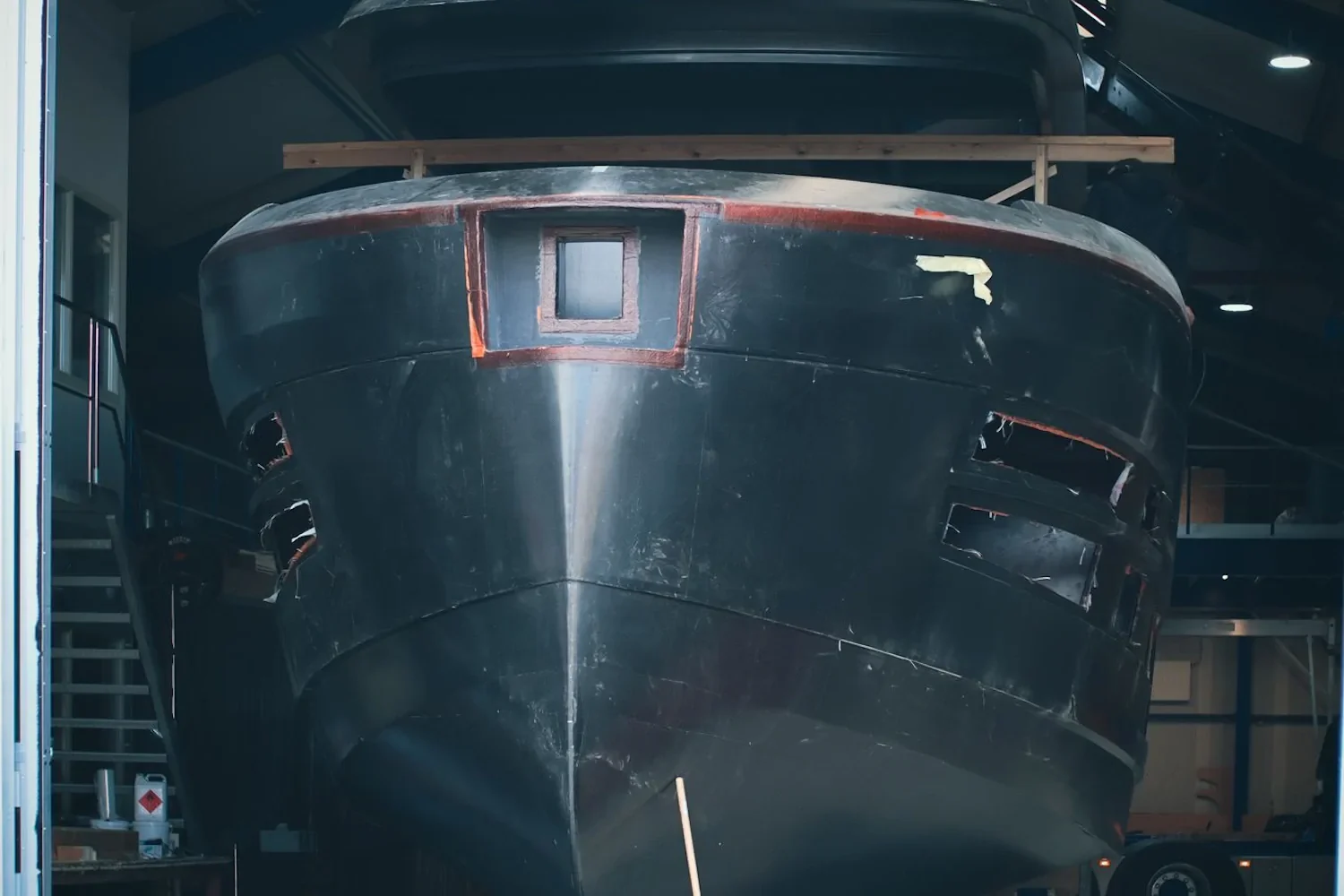 Front view of a boat hull in the hall