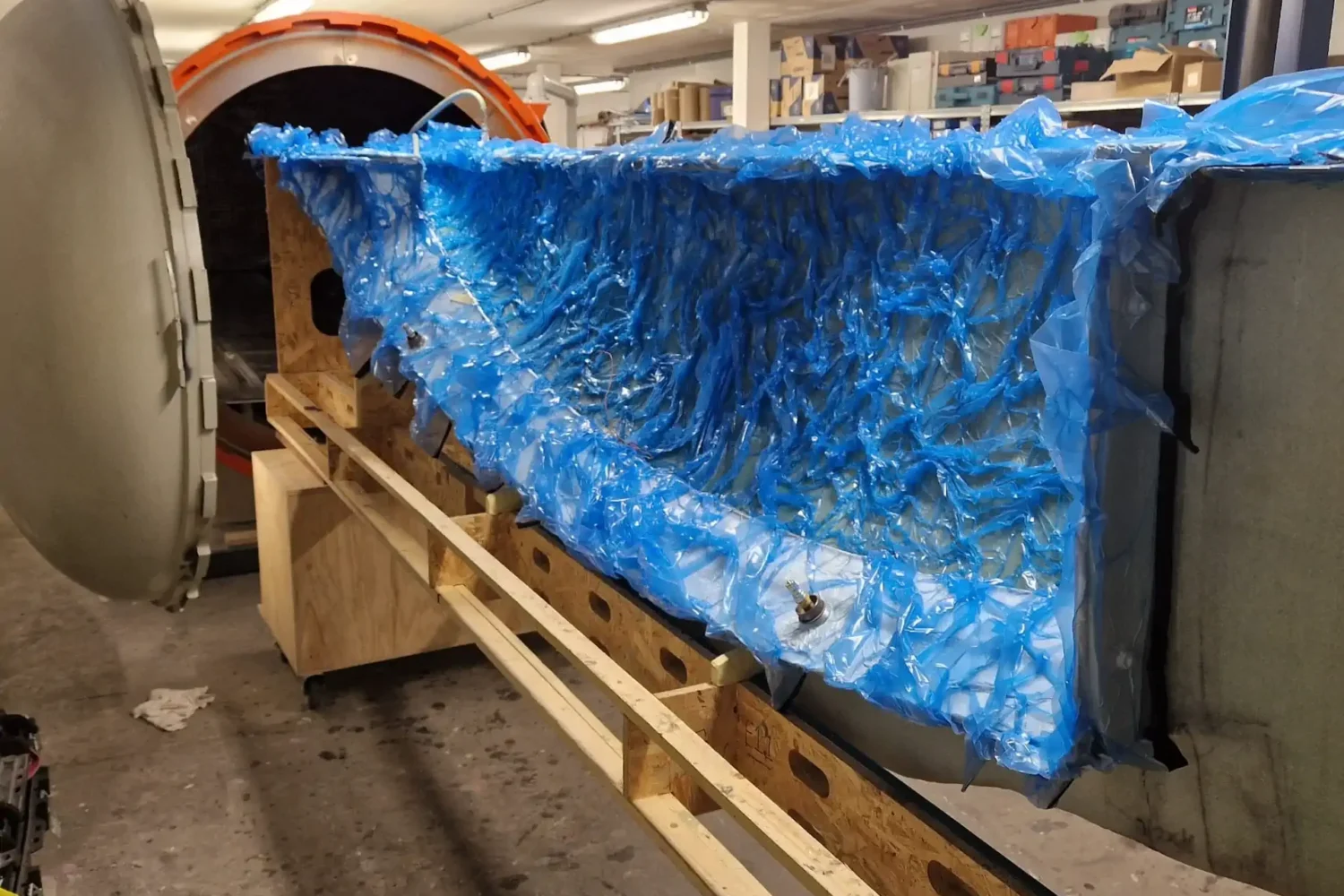 Blue vacuum film on a hull mould