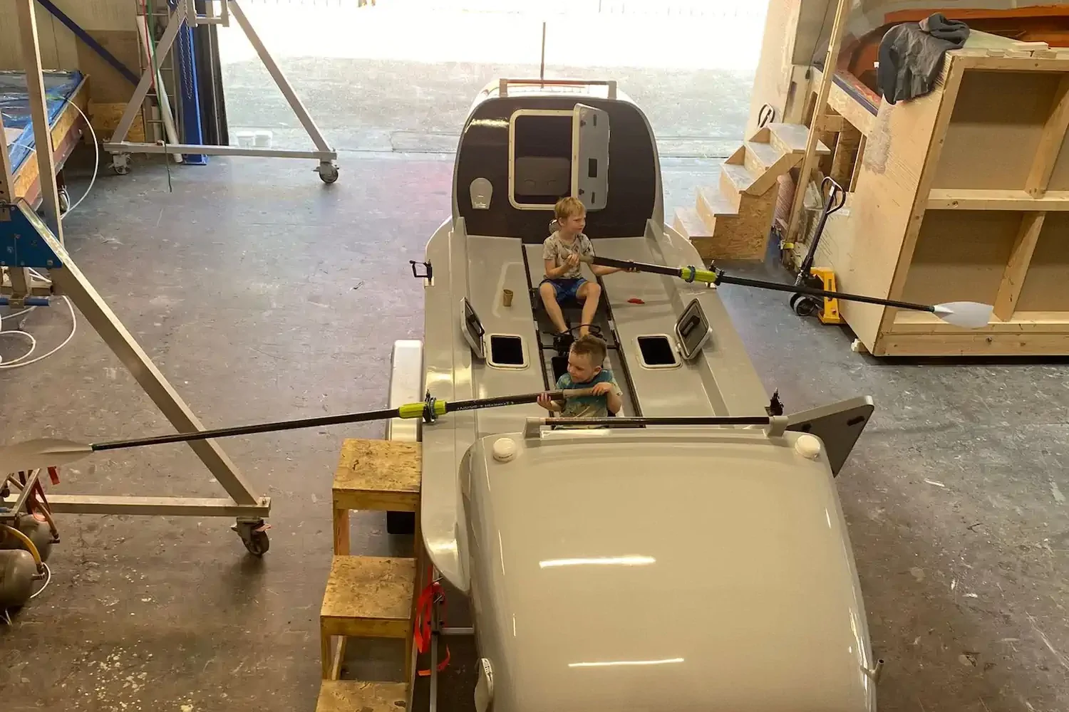 Ocean rowing boat under construction in the workshop