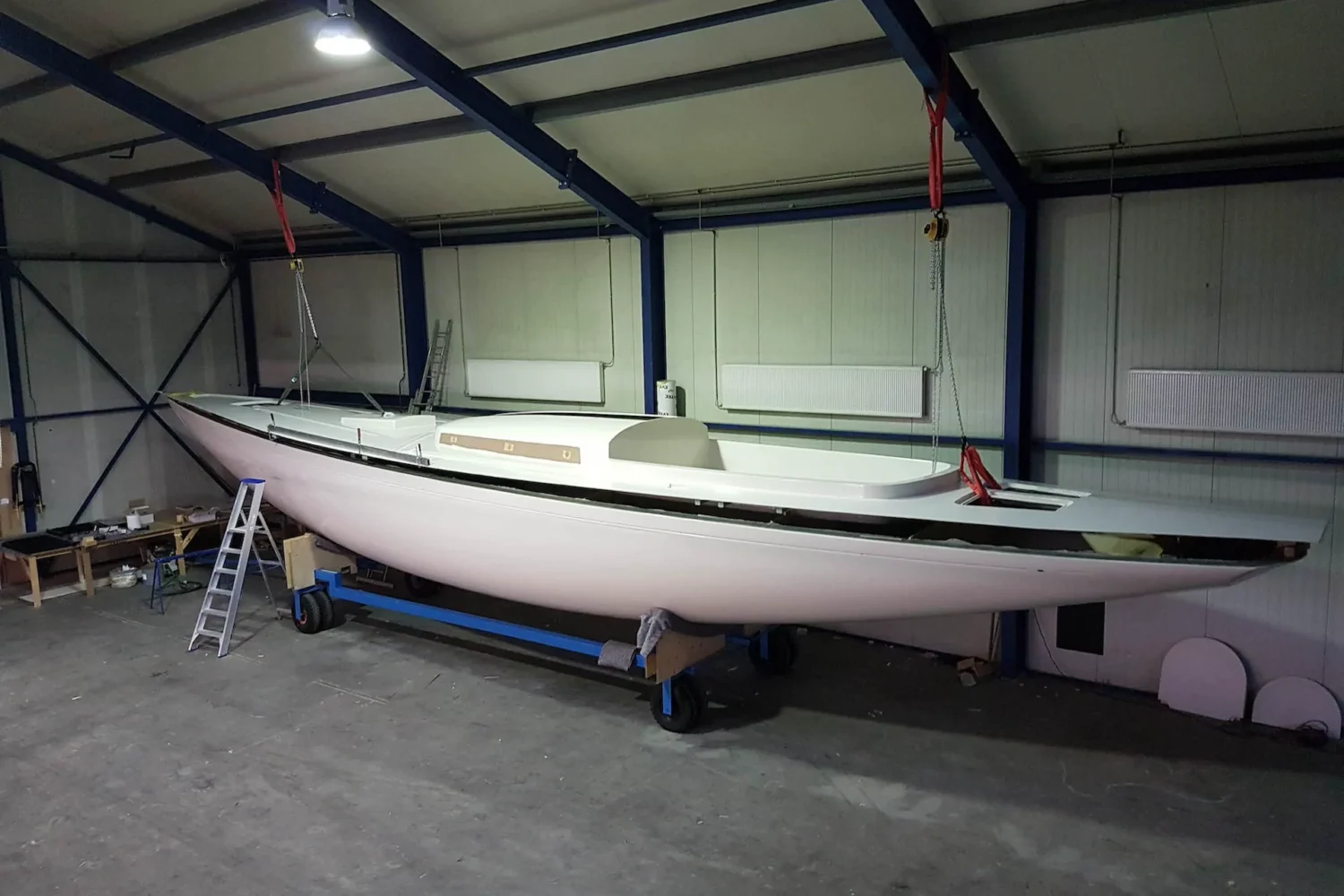 White boat hull in the workshop