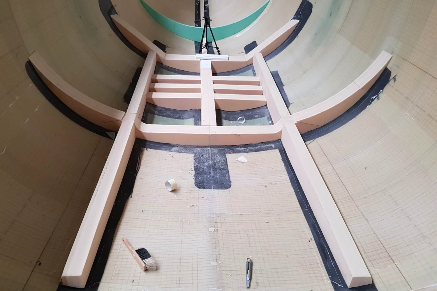Interior of a boat hull with a wooden support structure