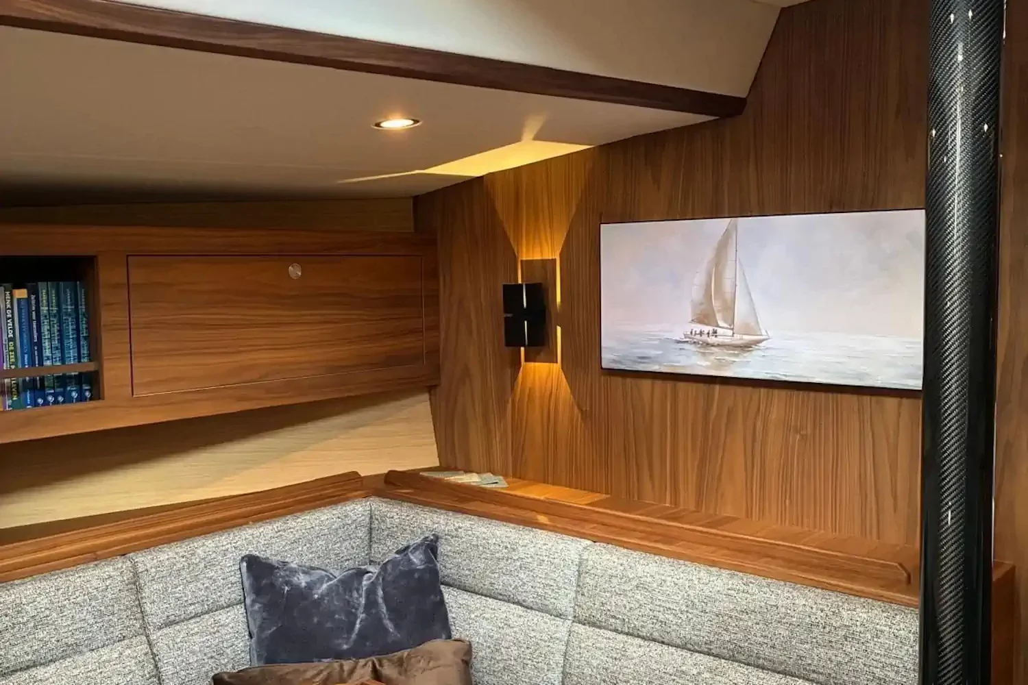Seating area with a table and benches in a yacht