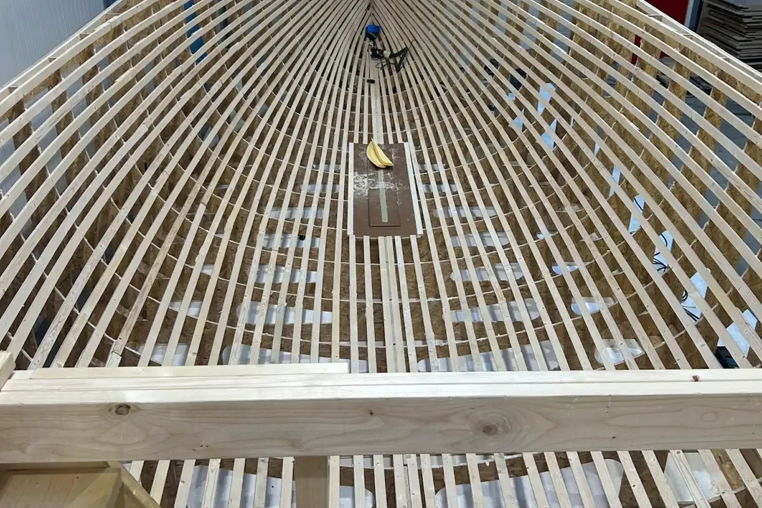 Wooden construction frame for a boat hull