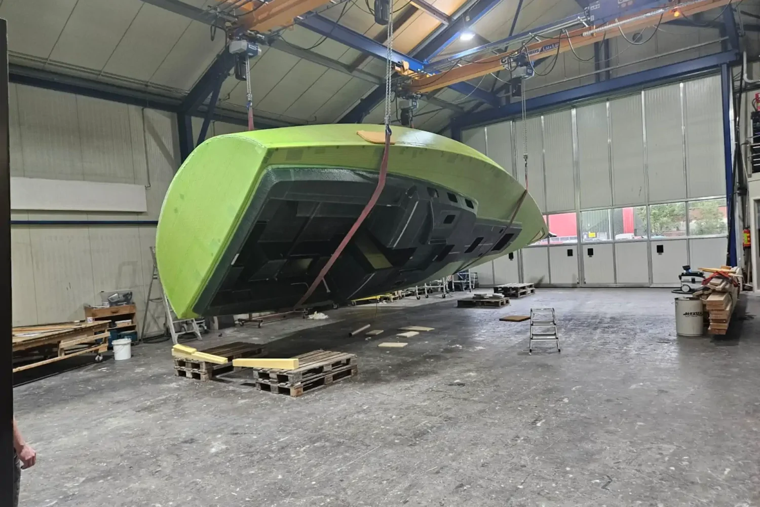 Light green hull with the bow open