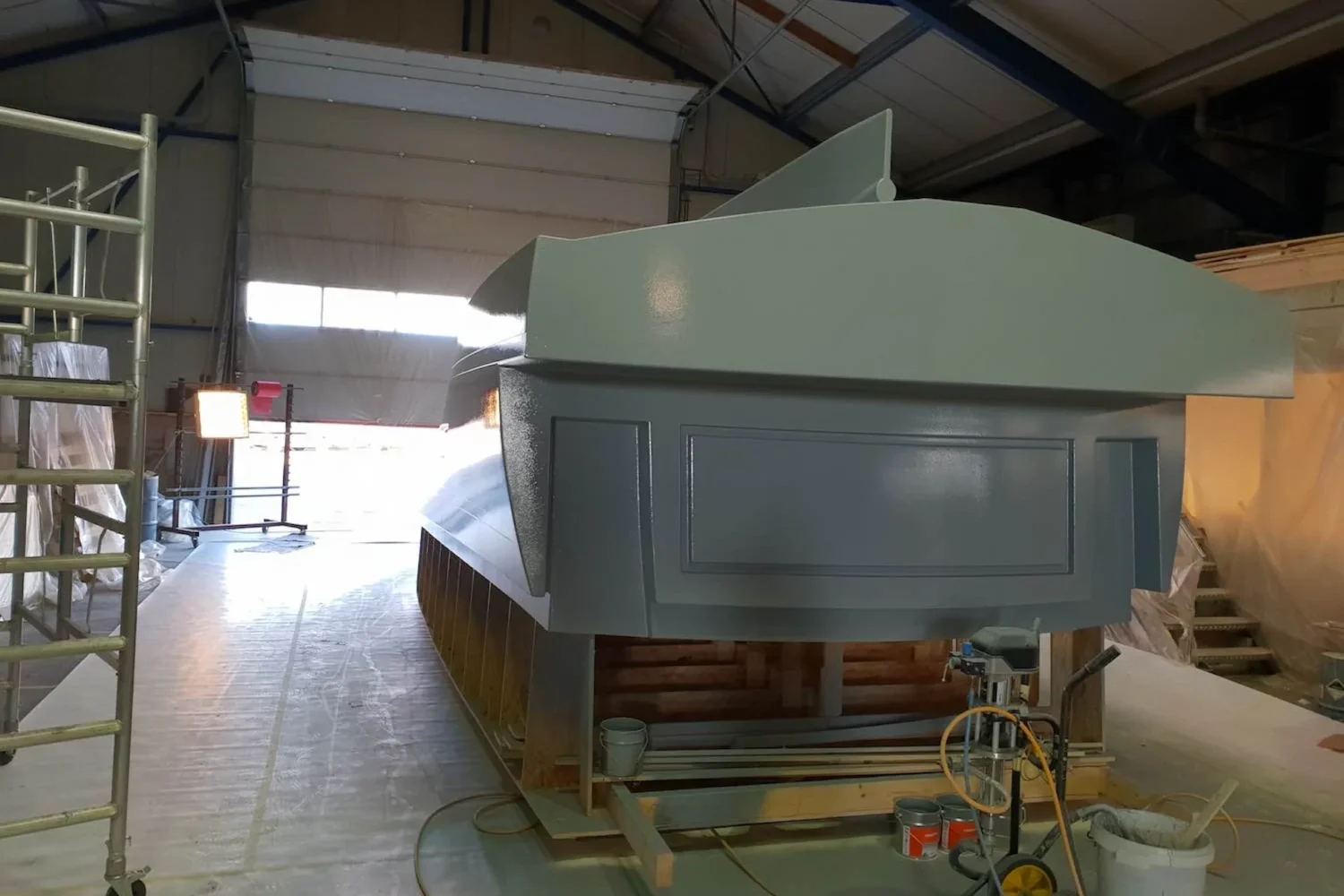 Rear of a boat hull in the workshop