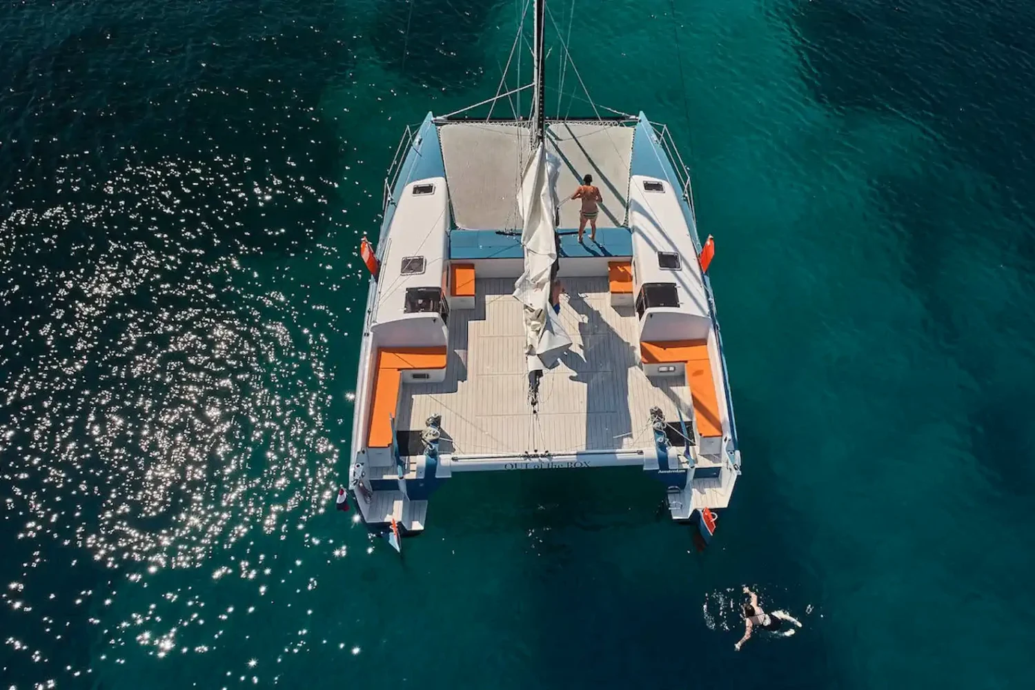 Overhead view of a catamaran on blue water