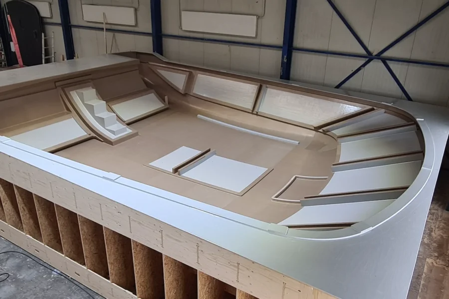 Wooden construction frame with a lightweight boat shape