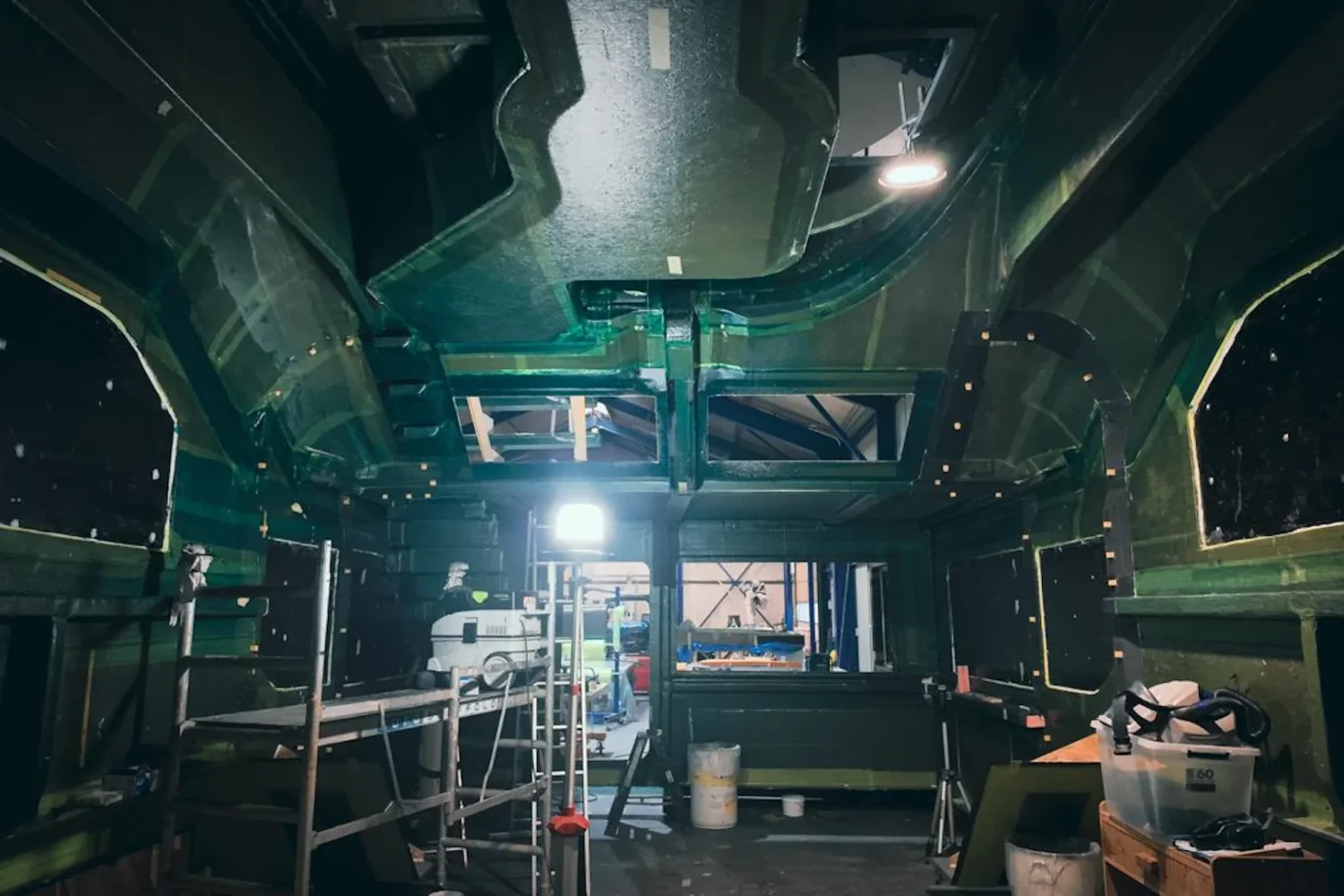 Interior of a yacht superstructure with work platforms