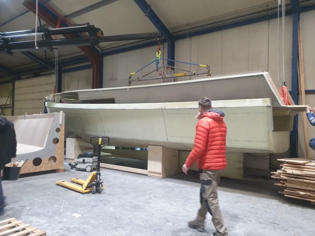 Boat hull on work trestles in the workshop