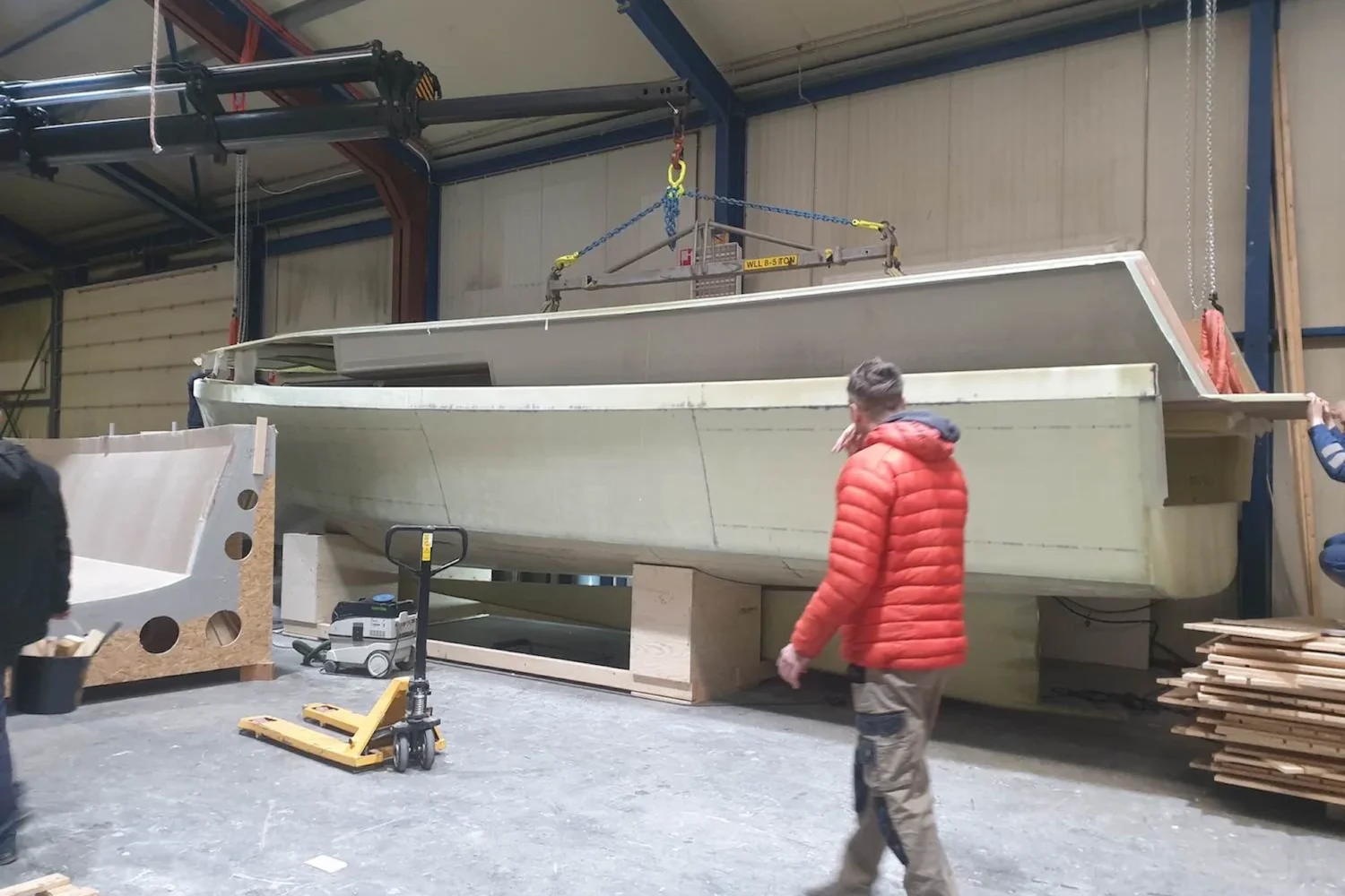 Boat hull on work trestles in the workshop