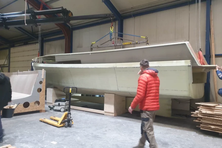 Boat hull on work trestles in the workshop