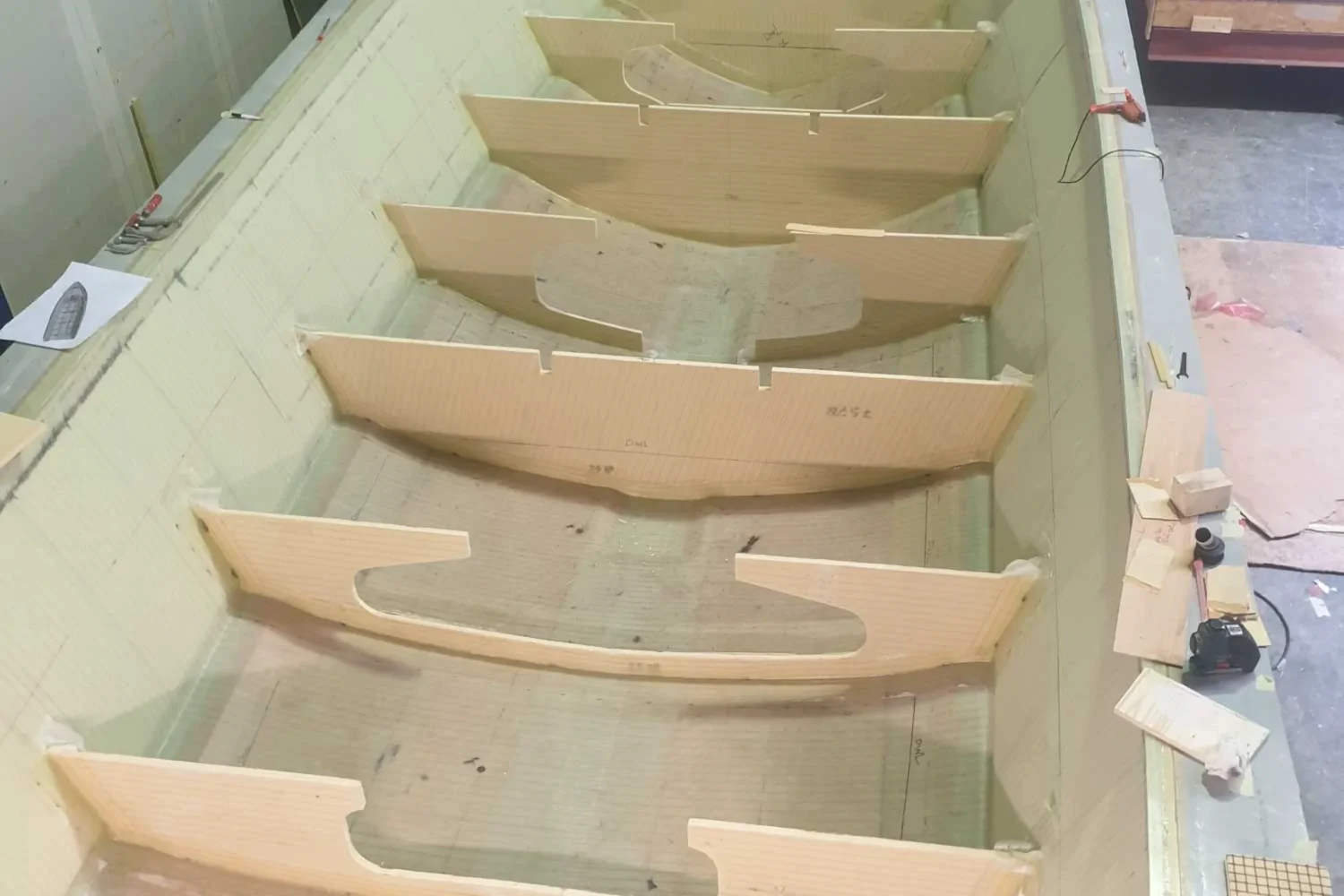 Inside of a boat hull with transverse bulkheads