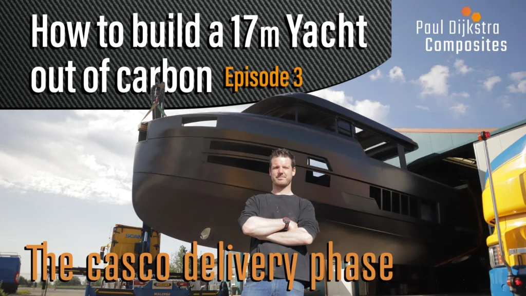 Video thumbnail showing the handover of the hull of a 17-metre carbon motor yacht